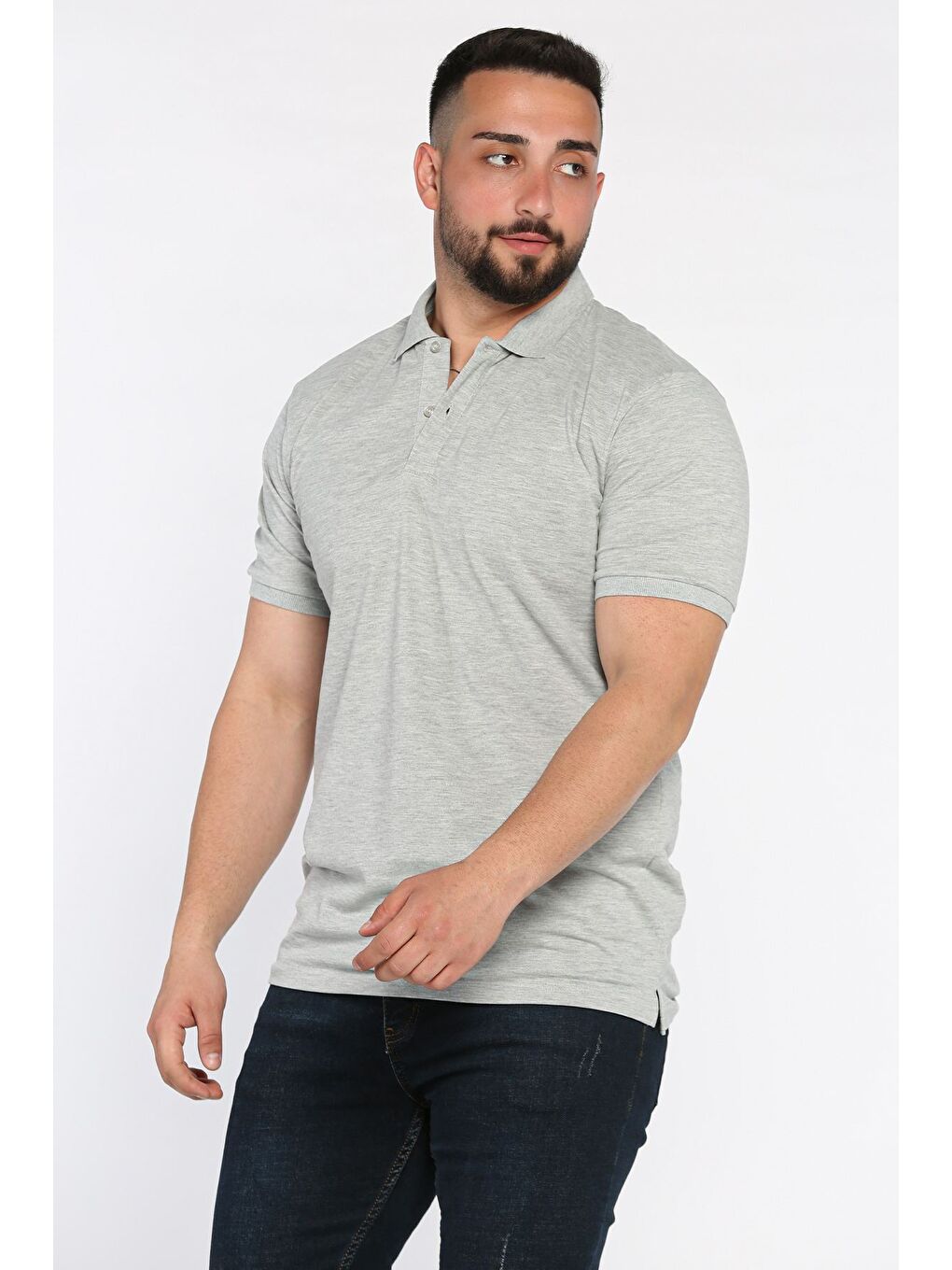 Gri Erkek Polo Yaka Yarım Düğmeli Tişört-1