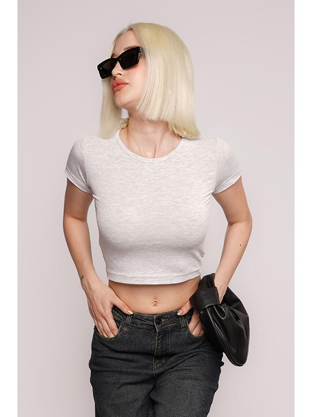 Gri Basic Kadın Tişört / Vücuda Oturan Kesim Mg1681-1