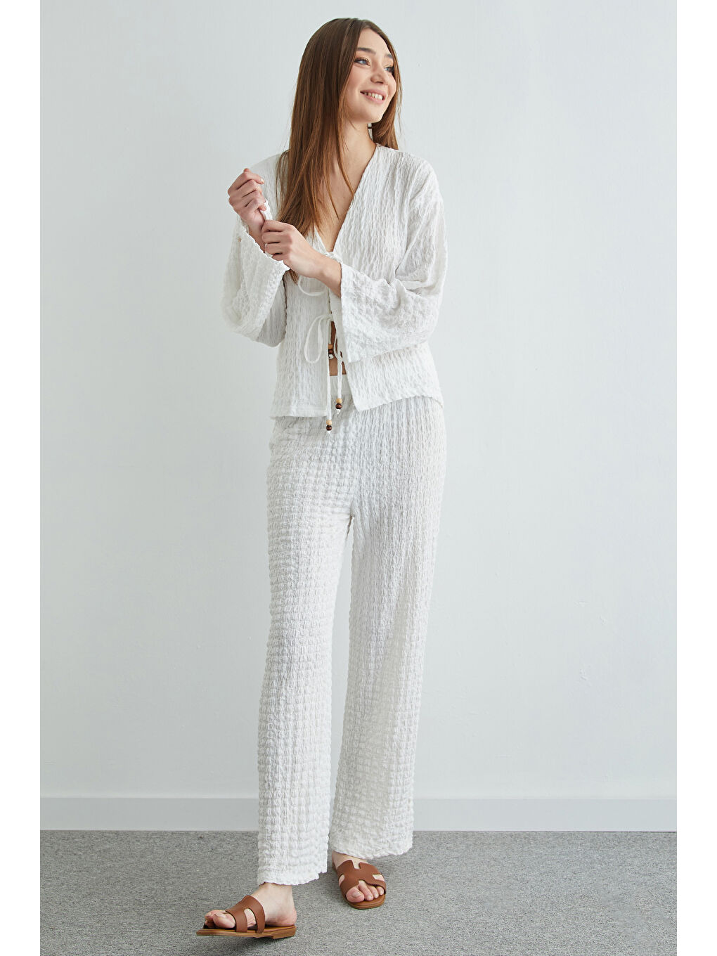 Beyaz Önden Bağlamalı Dokulu Kimono 2 Li Takım-3