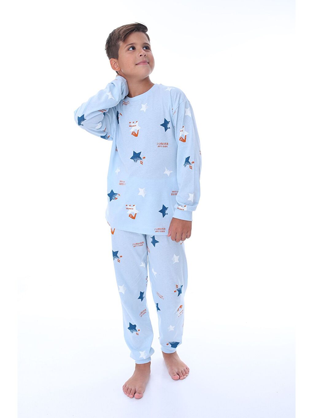 Mavi Yıldız Nota Desenli Bej Unisex Pijama Takımı-3