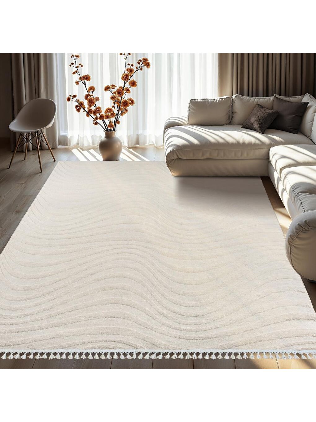 Alaçatı Püsküllü Kaymaz Taban Halı 150x230 Ariso Açık Bej-1