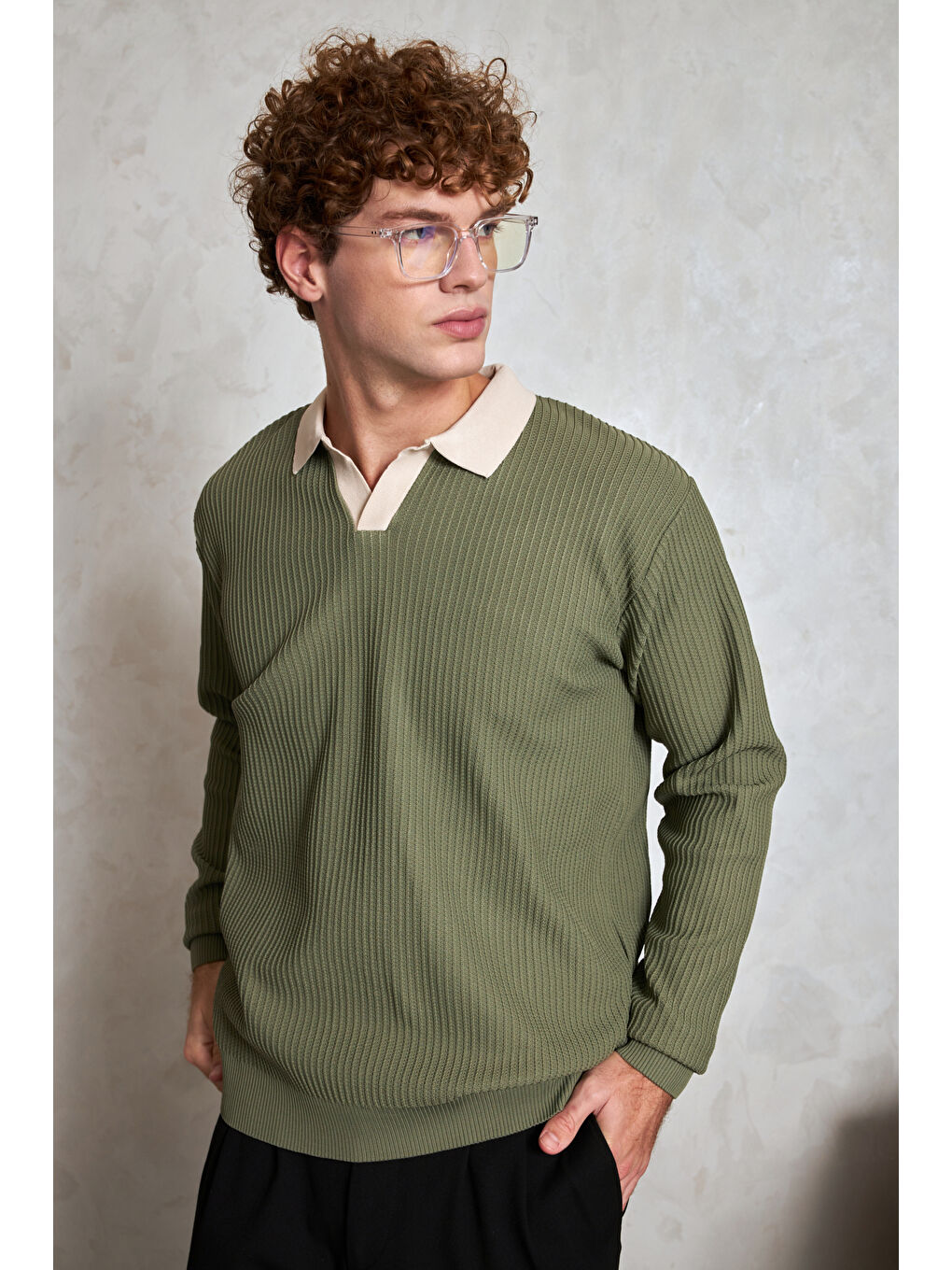 Haki Erkek Polo Yaka Nopeli Oversize Triko Kazak-2