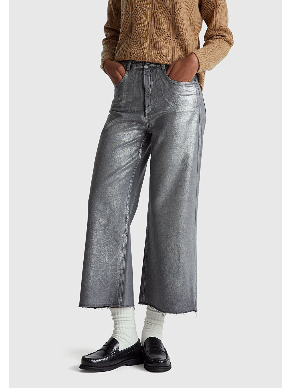 Kadın Koyu Gri %100 Pamuk Wide Leg Orta-Yüksek Bel Denim Pantolon