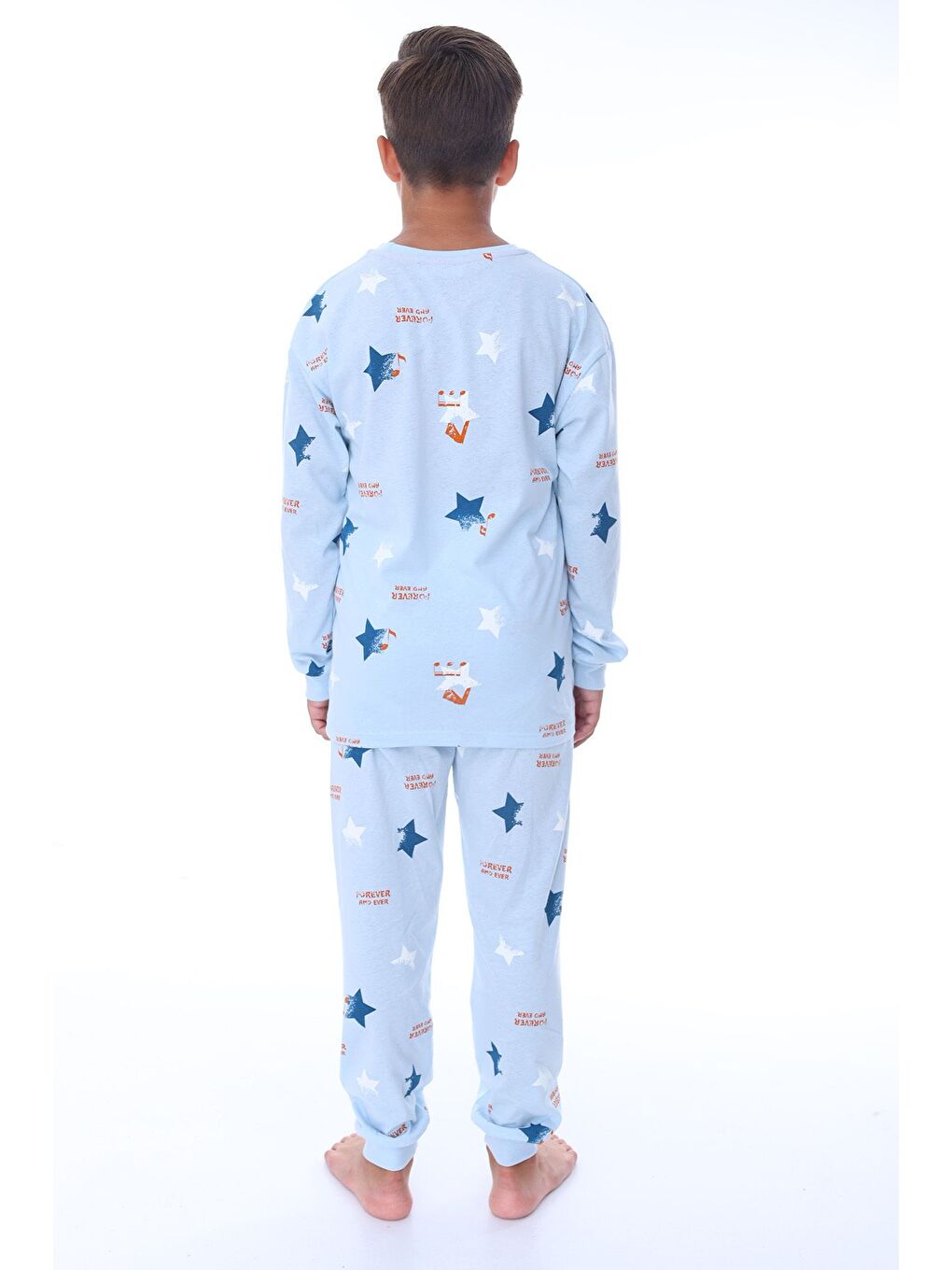 Mavi Yıldız Nota Desenli Bej Unisex Pijama Takımı-4