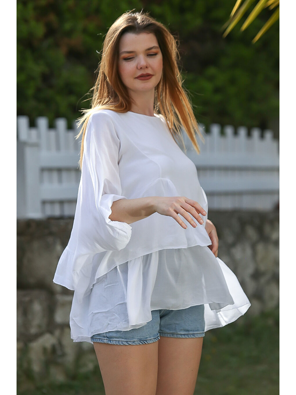 Beyaz Kayık Yaka Yarasa Kol İnce Astarlı Çift Katlı Fırfırlı Casual Oversize Dokuma Bluz 75 85-2