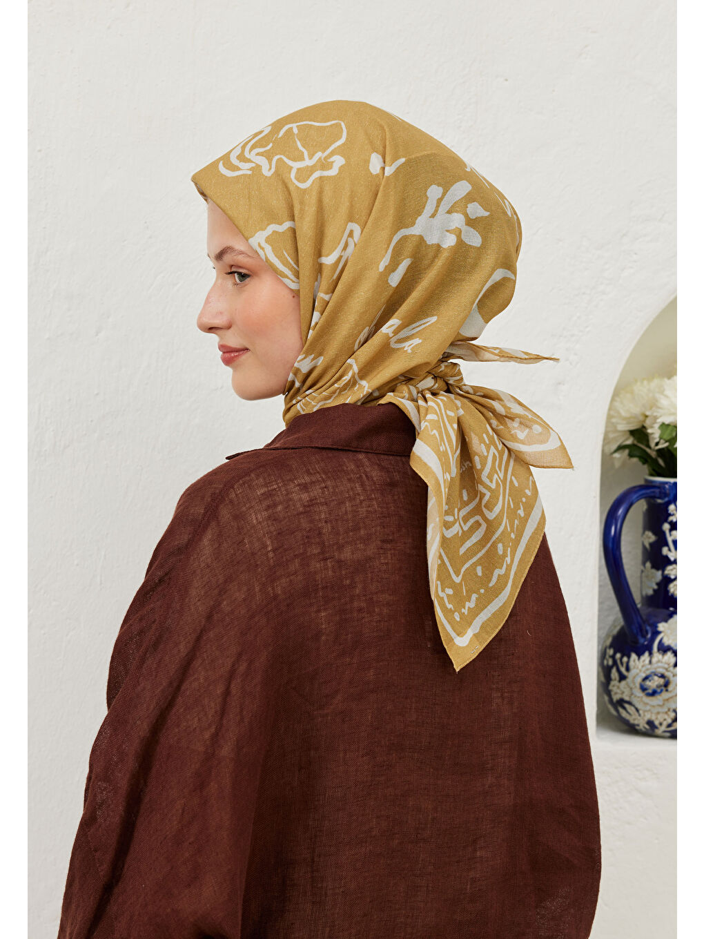 Summer Vibes Desen Pamuk Vual Eşarp Soft Sarı-3