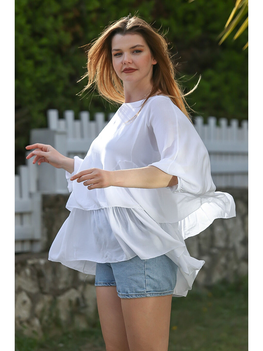 Beyaz Kayık Yaka Yarasa Kol İnce Astarlı Çift Katlı Fırfırlı Casual Oversize Dokuma Bluz 75 85-3