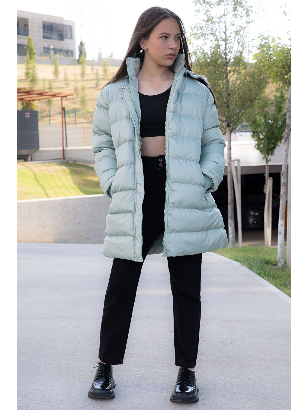 Yeşil İçi Kürklü Çıtçıtlı Kapüşonlu Kız Çocuk Şişme Mont 21324-2