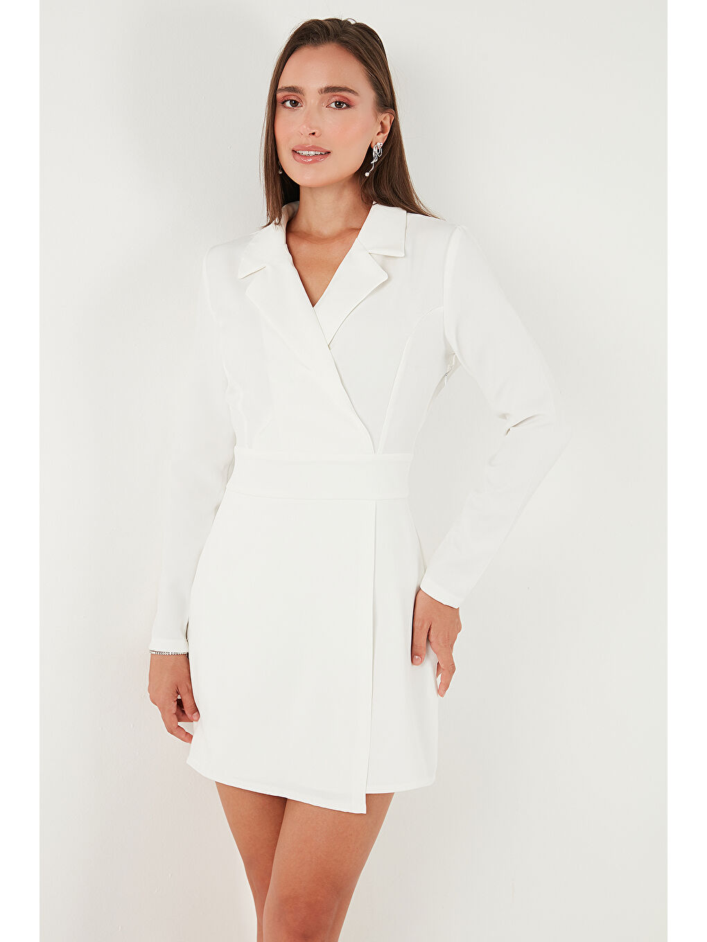 Ekru Regular Fit Mono Yaka Mini Boy Uzun Kollu Elbise 611EL749-2