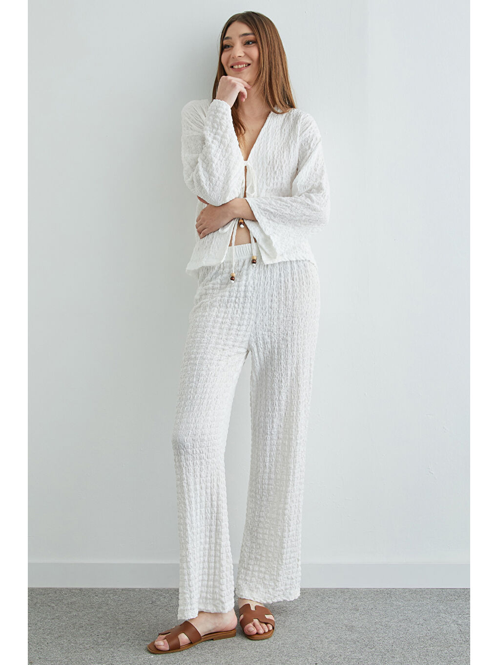 Beyaz Önden Bağlamalı Dokulu Kimono 2 Li Takım-4