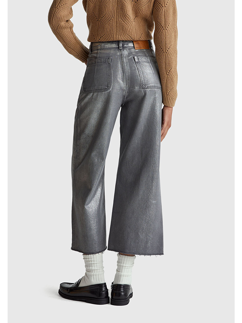 Kadın Koyu Gri %100 Pamuk Wide Leg Orta-Yüksek Bel Denim Pantolon-2