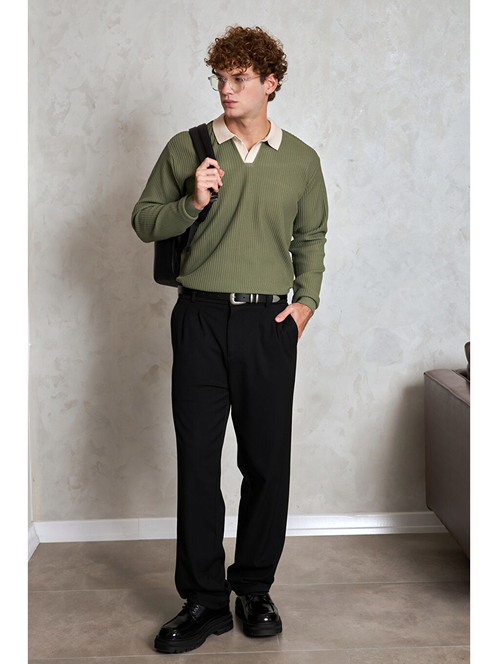 Haki Erkek Polo Yaka Nopeli Oversize Triko Kazak-4