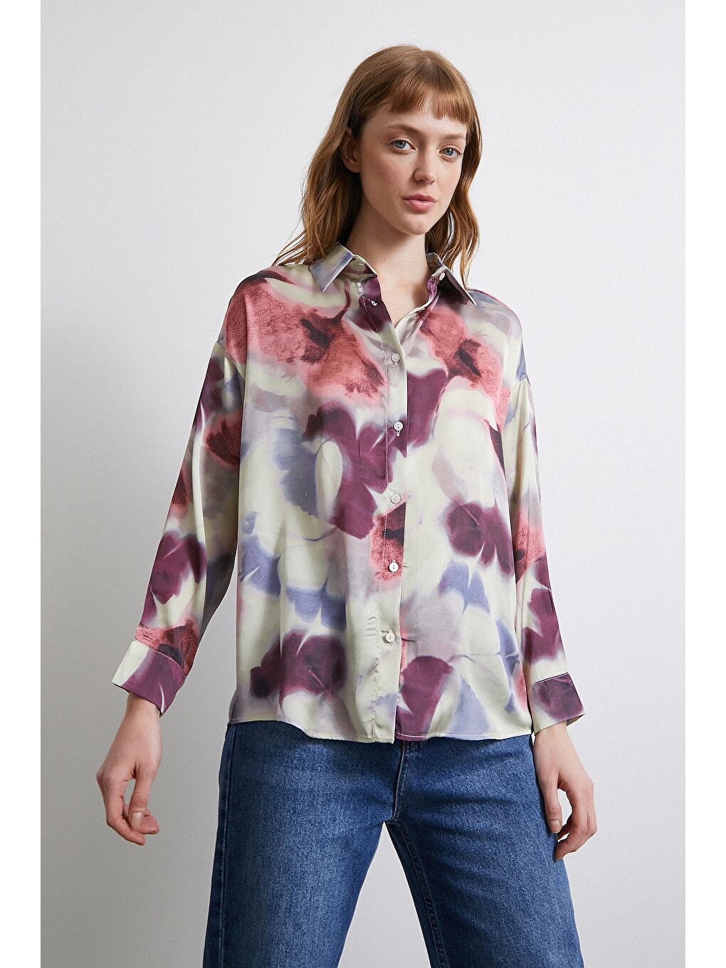 Batik Desen Saten Gömlek Lila-4