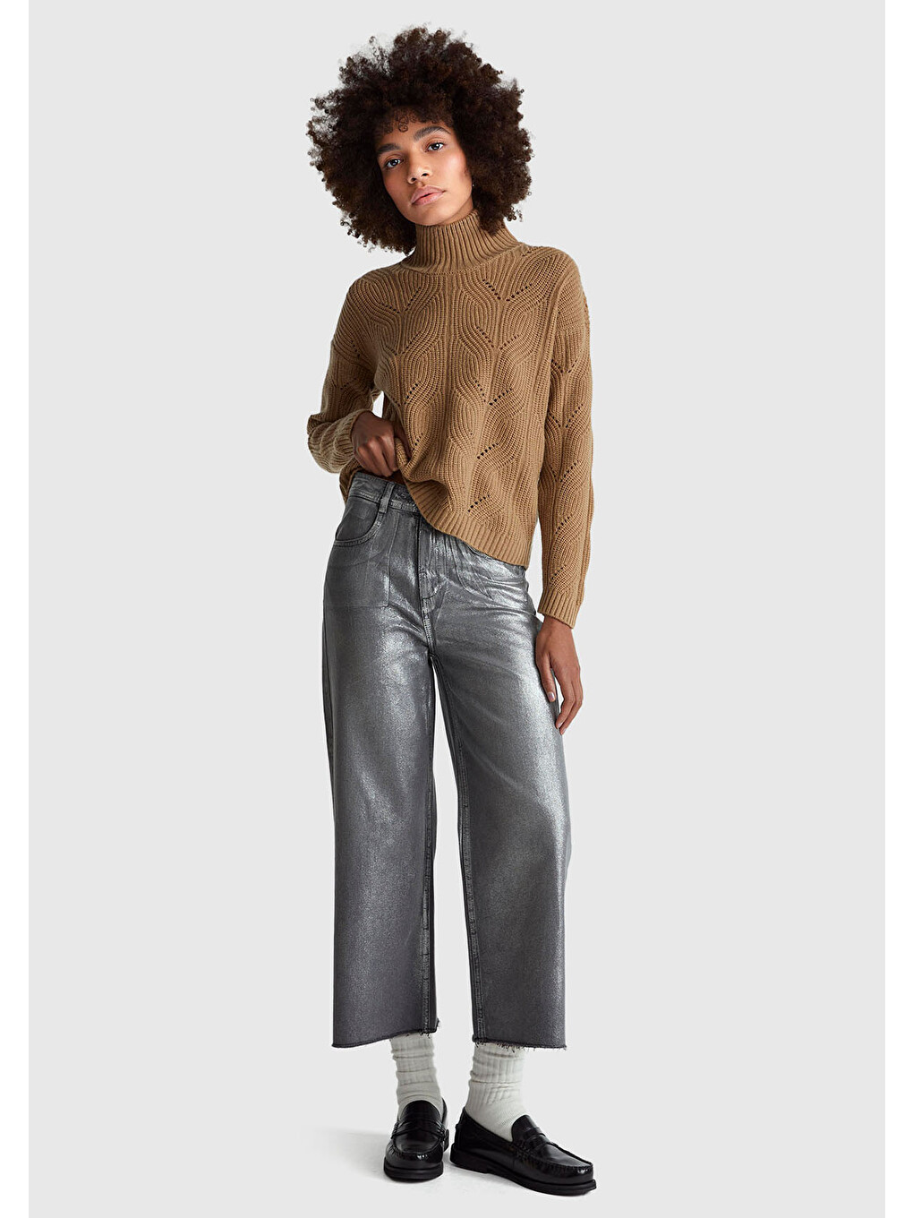 Kadın Koyu Gri %100 Pamuk Wide Leg Orta-Yüksek Bel Denim Pantolon-4