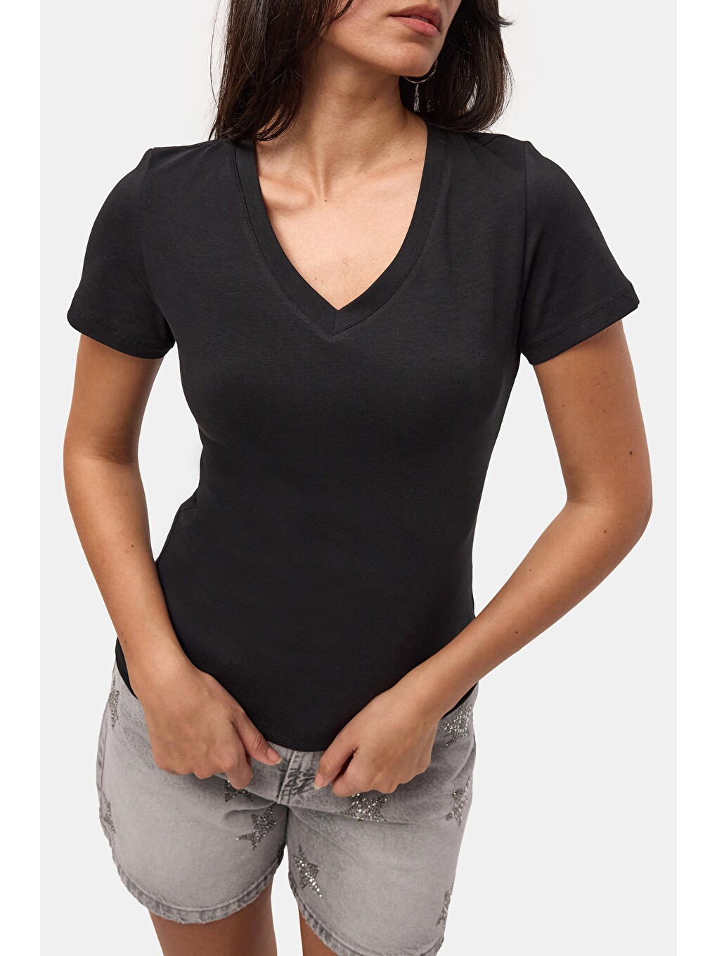 Kadın Siyah s6-1 V Yaka %100 Organik Pamuk Esnek Kumaş T-Shirt-1