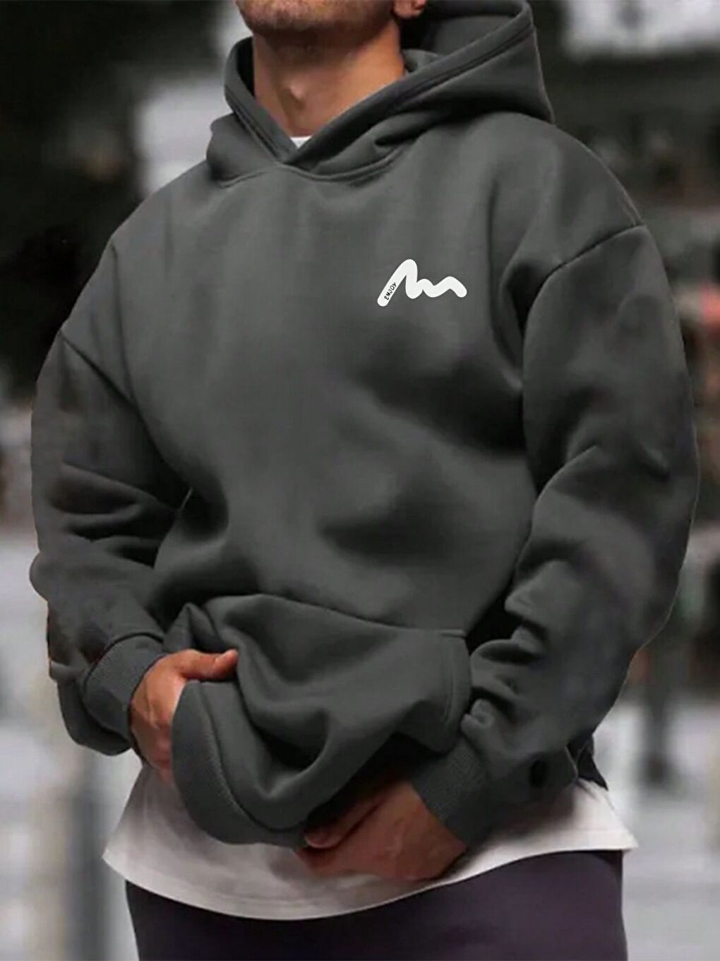 Gri Füme Enjoy Baskılı Kapüşonlu Oversize Sweatshirt