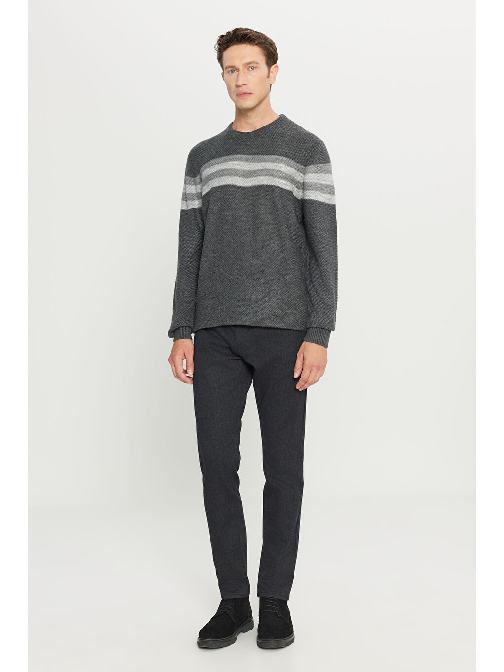 Erkek Antrasit-Melanj Standart Fit Normal Kesim Bisiklet Yaka Jakarlı Triko Kazak-1