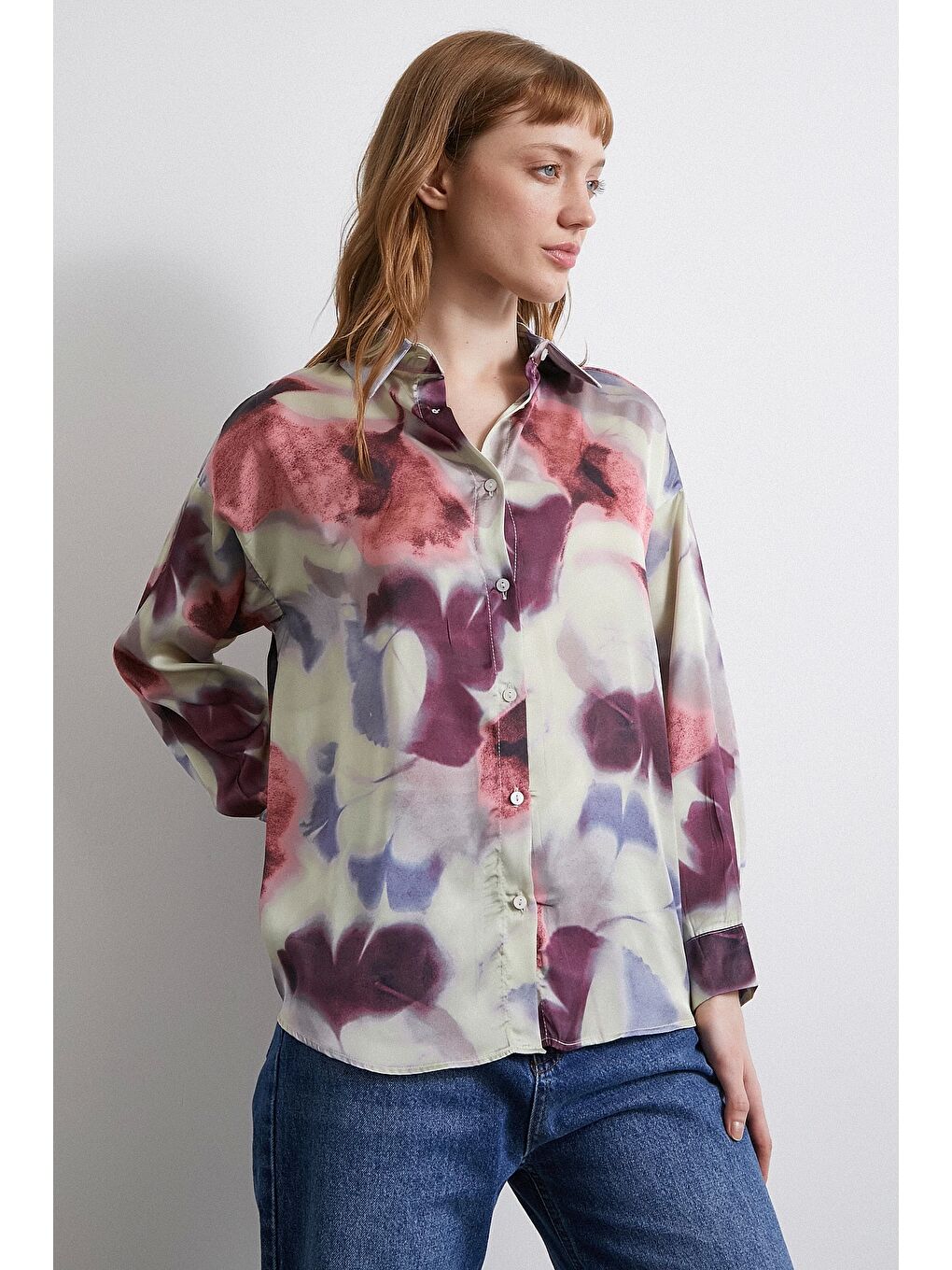 Batik Desen Saten Gömlek Lila-5