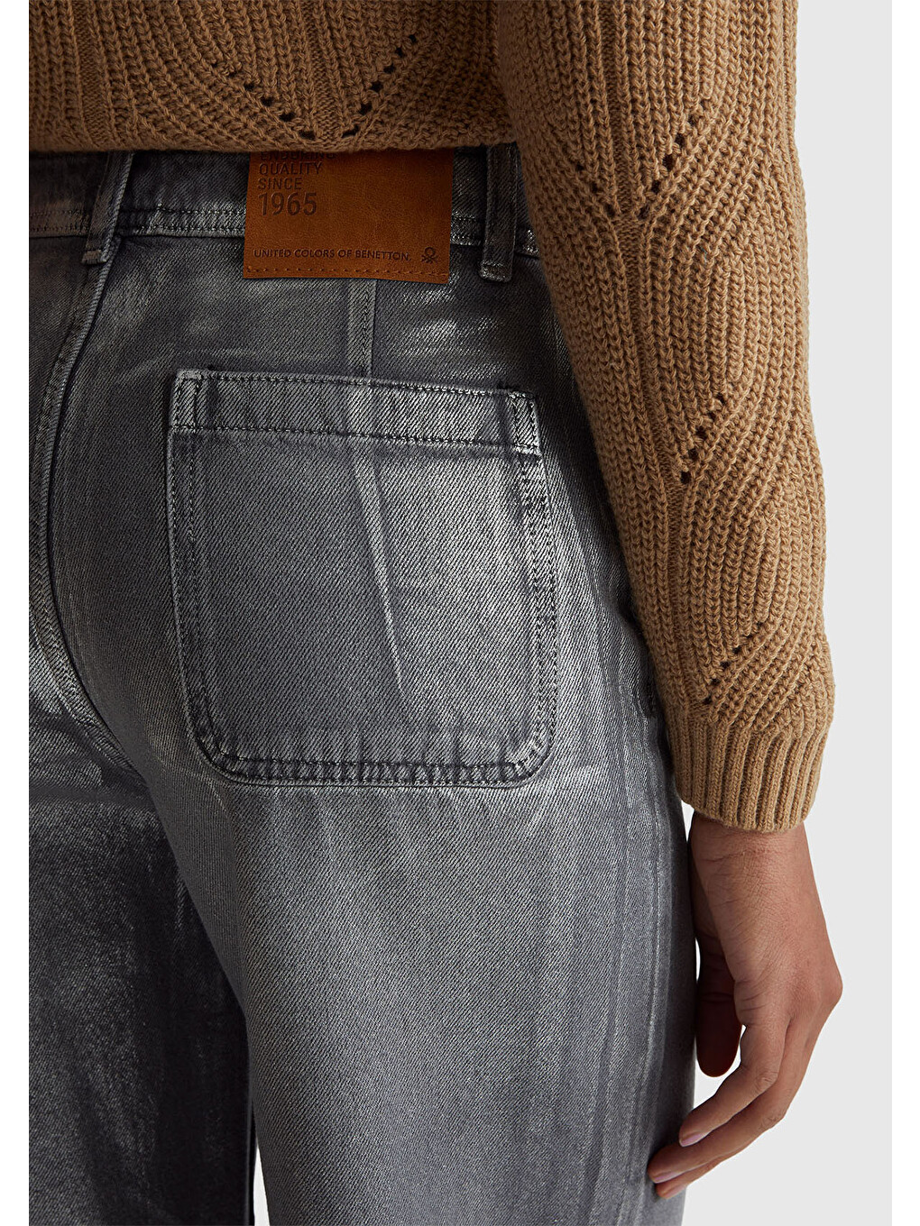 Kadın Koyu Gri %100 Pamuk Wide Leg Orta-Yüksek Bel Denim Pantolon-5