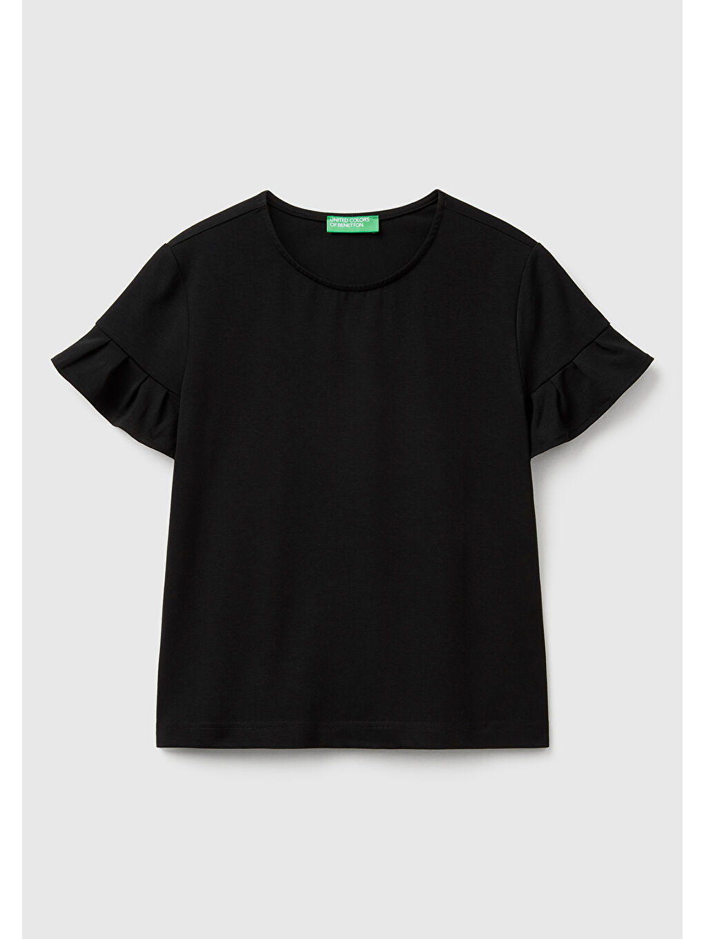 Kadın Siyah Pamuk Karışımlı Kolları Fırfır Detaylı T-Shirt-1