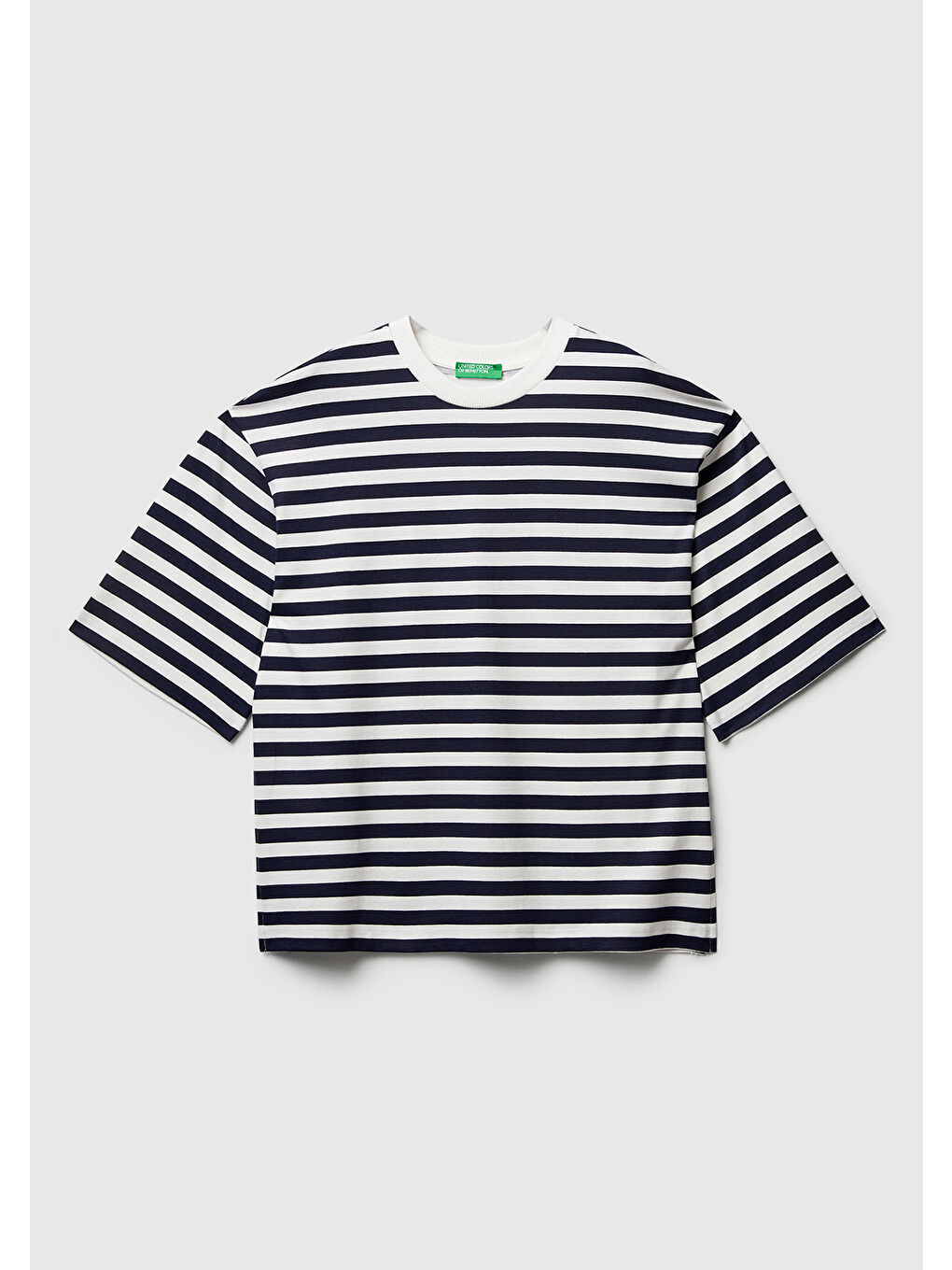 Kadın Lacivert %100 Pamuk Kalın Çizgili Yırtmaçlı Yarım Kol T-Shirt-1