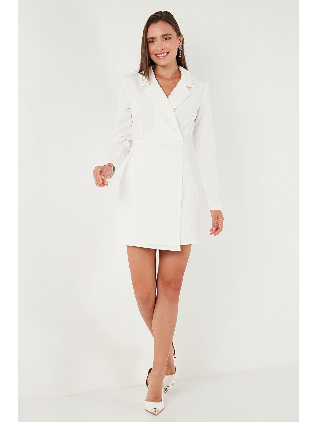 Ekru Regular Fit Mono Yaka Mini Boy Uzun Kollu Elbise 611EL749-3