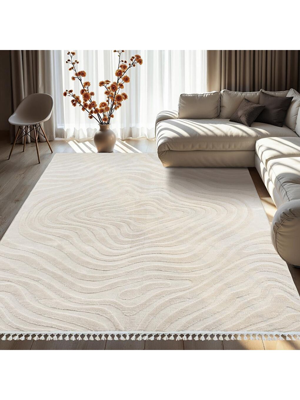 Alaçatı Püsküllü Kaymaz Taban Halı 150x230 Lots Açık Bej-1