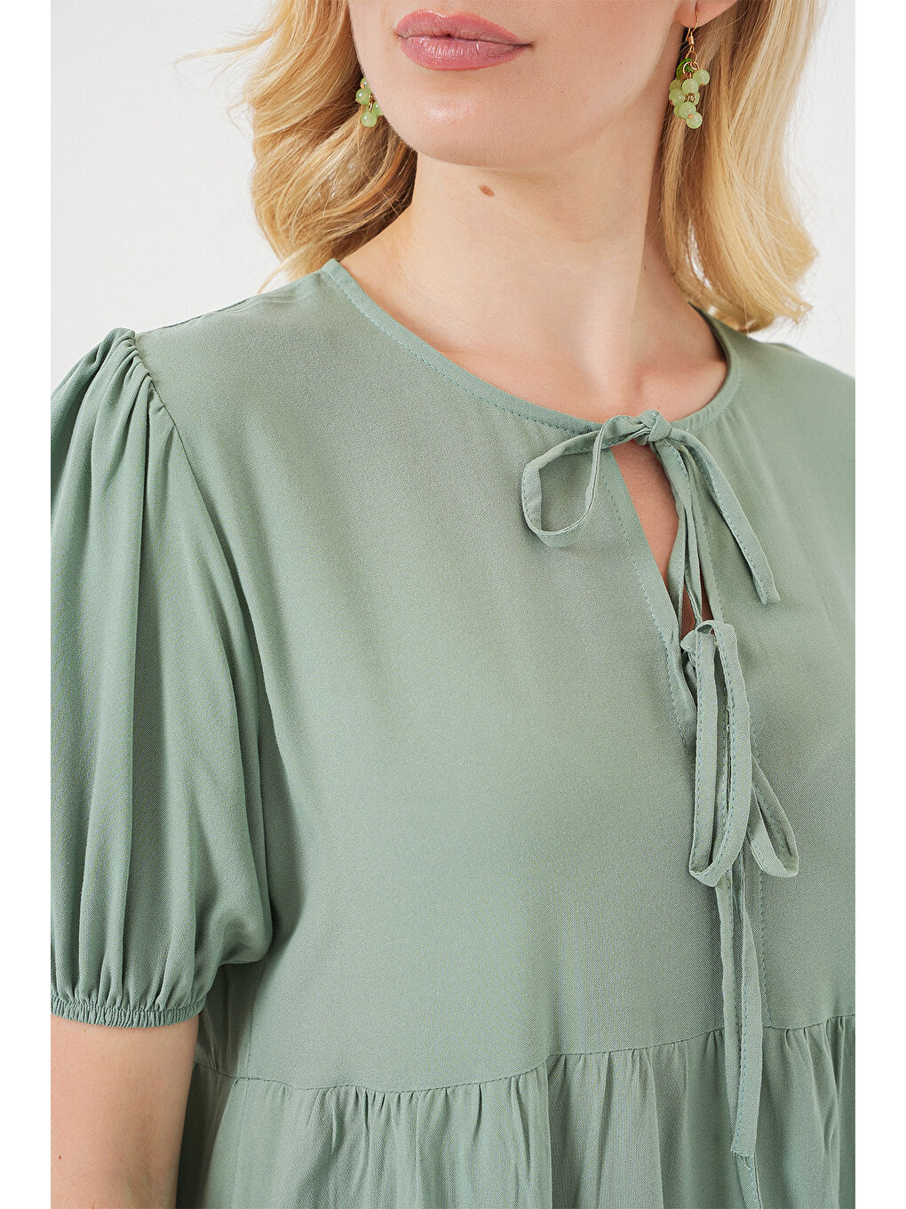 Yeşil Kadın Bağcıklı Midi Elbise 2575 - Çağla-4