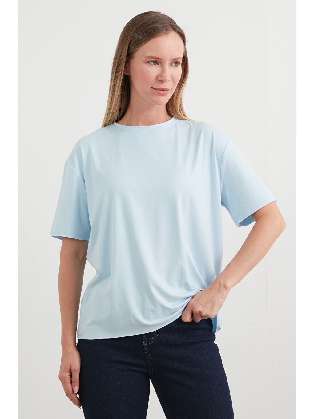 Turkuaz Basic Bisiklet Yaka Oversize Modal Tişört