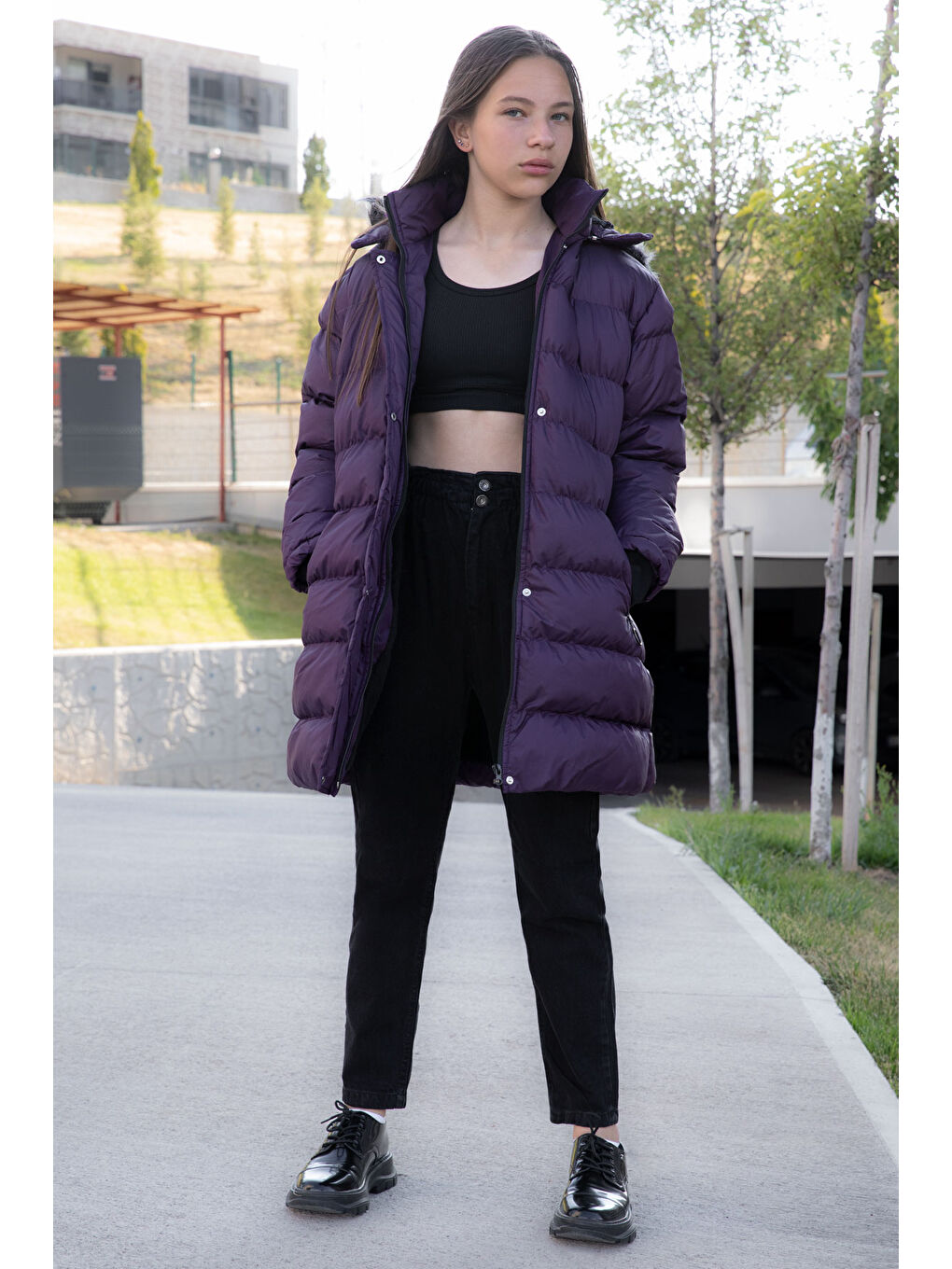 Mor İçi Kürklü Çıtçıtlı Kapüşonlu Kız Çocuk Şişme Mont 21325-1