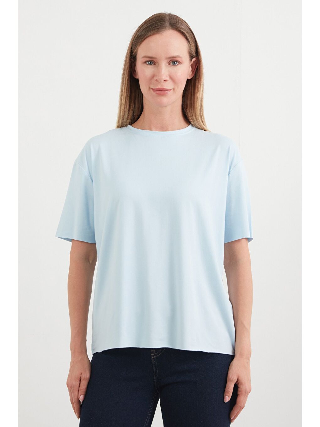 Turkuaz Basic Bisiklet Yaka Oversize Modal Tişört-1