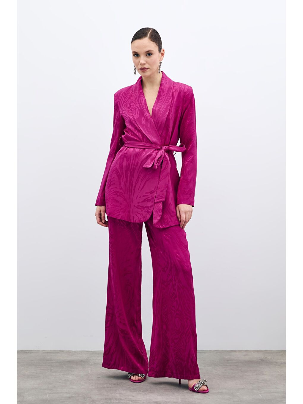 Yüksek Bel Desenli Pantolon - Fuşya