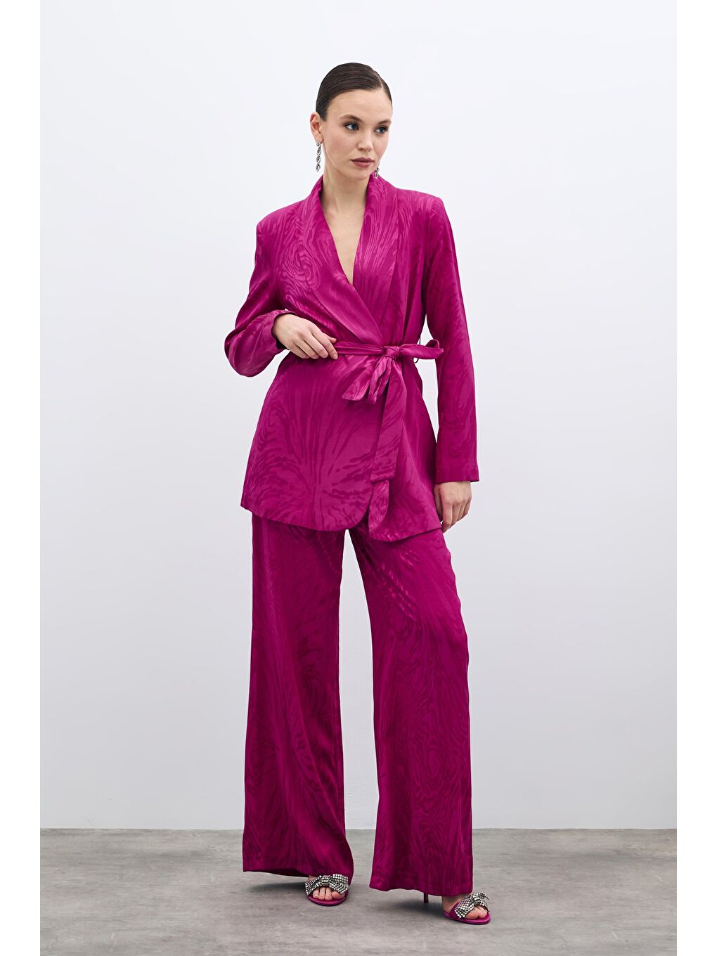 Yüksek Bel Desenli Pantolon - Fuşya-2