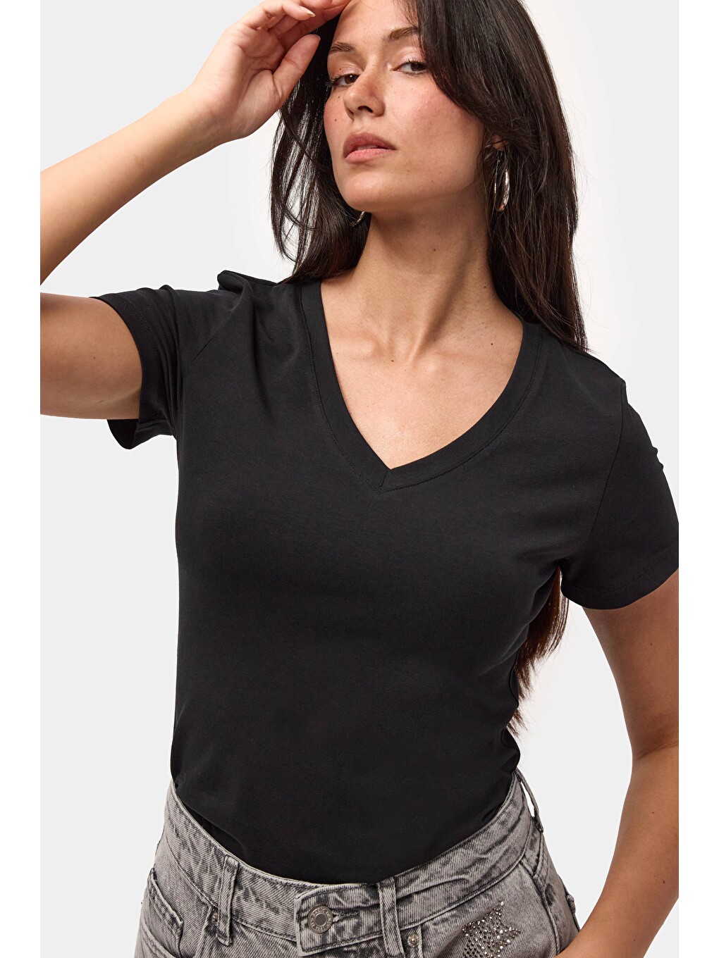 Kadın Siyah s6-1 V Yaka %100 Organik Pamuk Esnek Kumaş T-Shirt-4