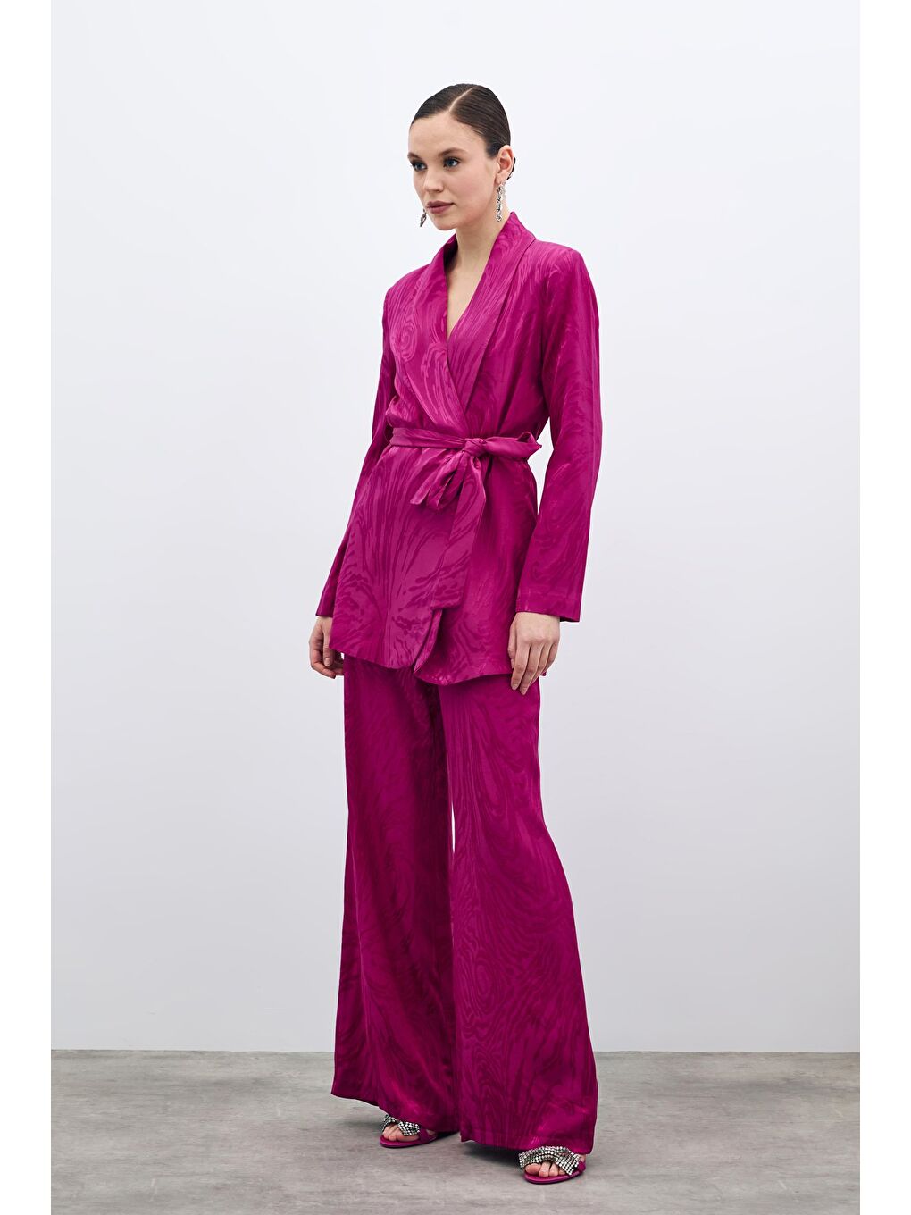 Yüksek Bel Desenli Pantolon - Fuşya-3