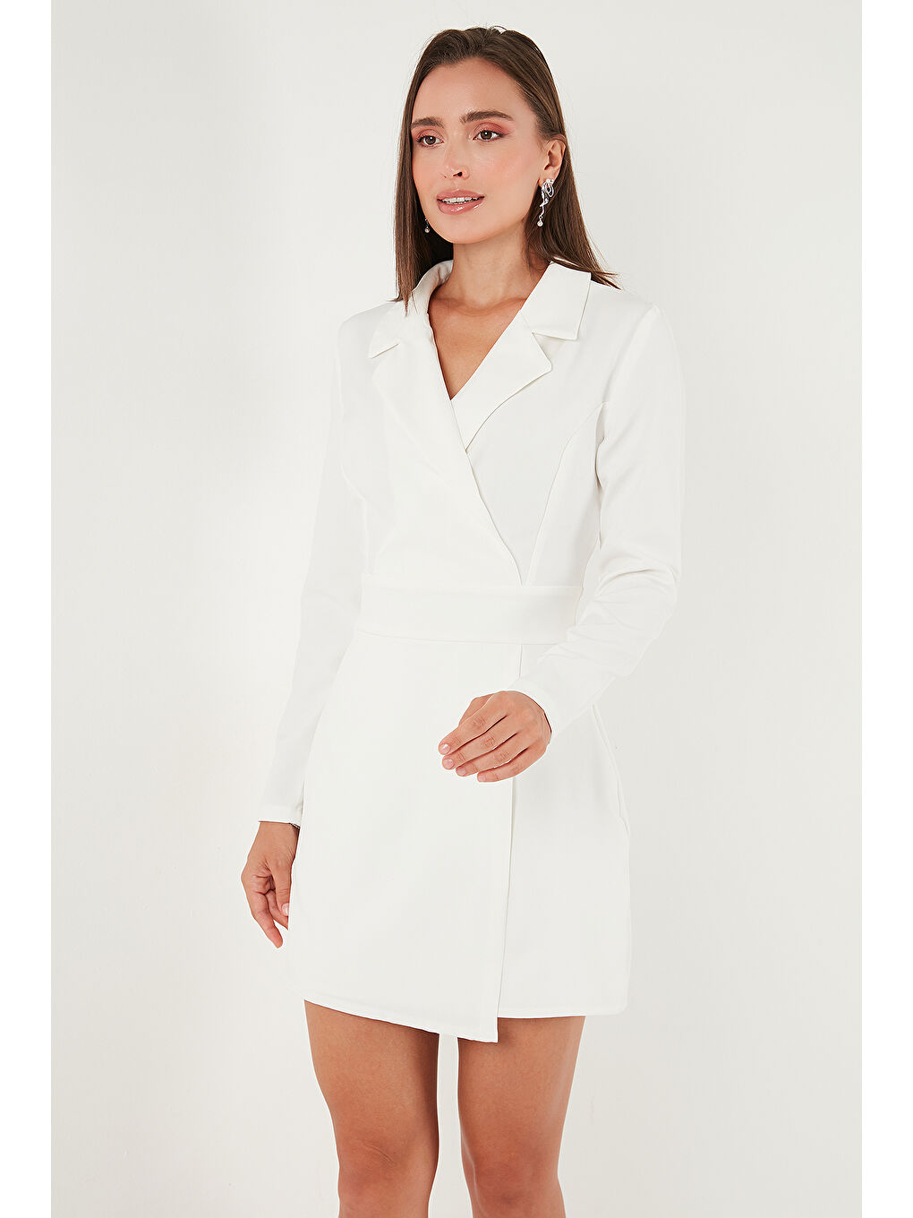 Ekru Regular Fit Mono Yaka Mini Boy Uzun Kollu Elbise 611EL749-4