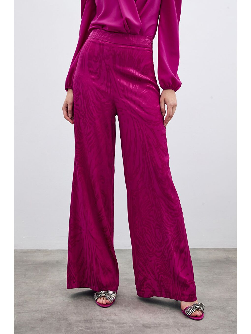 Yüksek Bel Desenli Pantolon - Fuşya-5