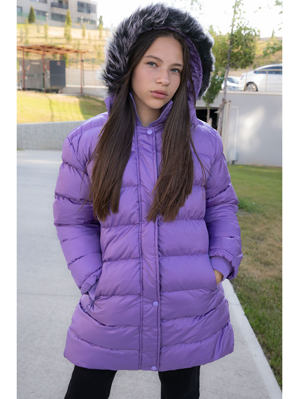 Lila İçi Kürklü Çıtçıtlı Kapüşonlu Kız Çocuk Şişme Mont 21322-1