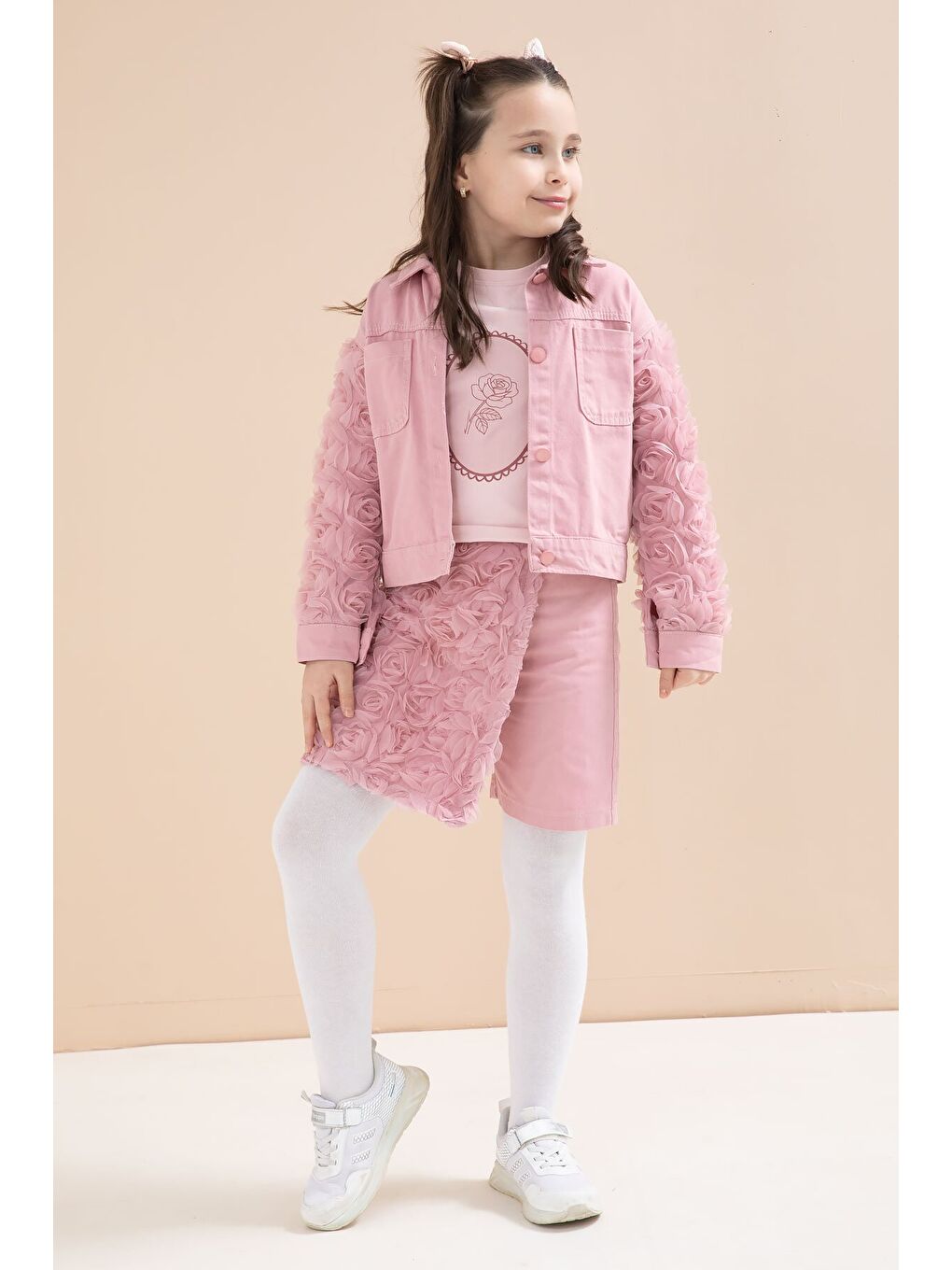 Pembe Gül Kurusu Gül Detaylı Şort Etekli ve Ceketli Kız Çocuk 3lü Badili Takım 23612-1