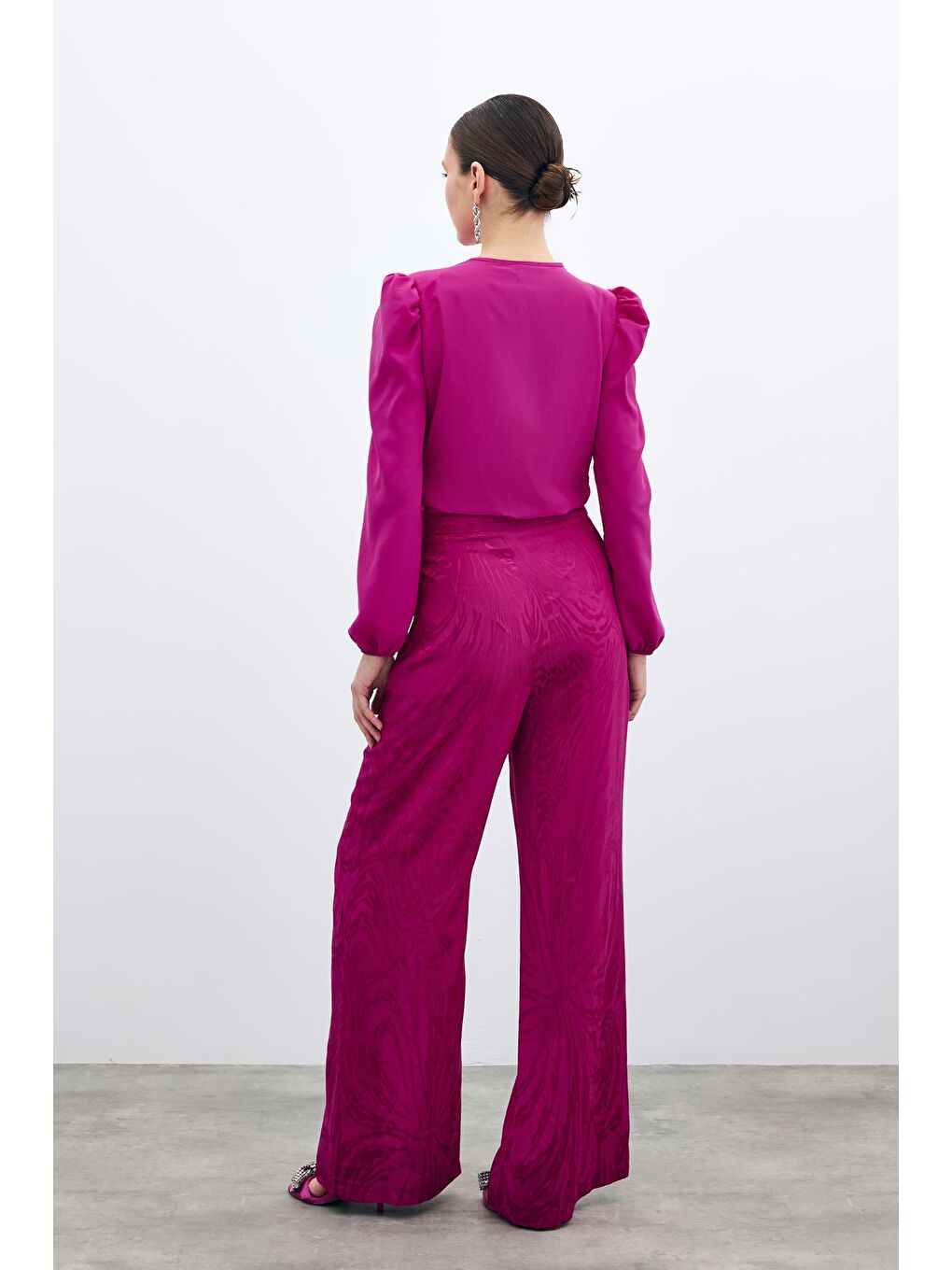 Yüksek Bel Desenli Pantolon - Fuşya-7