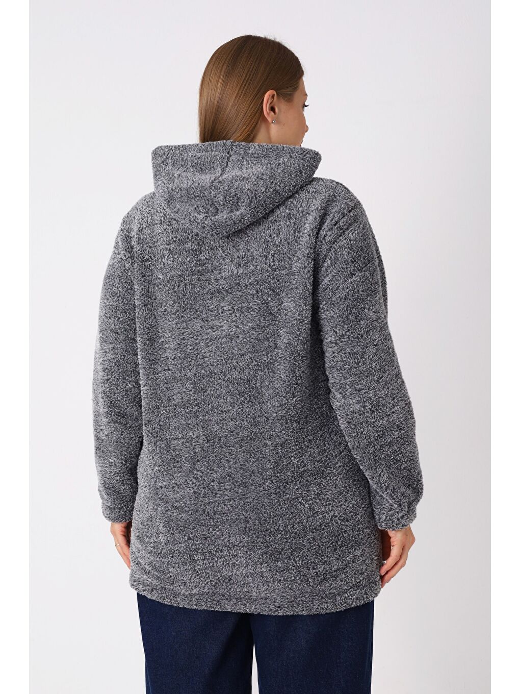 Gri Kadın Büyük Beden Kapüşonlu Fermuarlı Cepli Soft Pelüş Sweatshirt-6