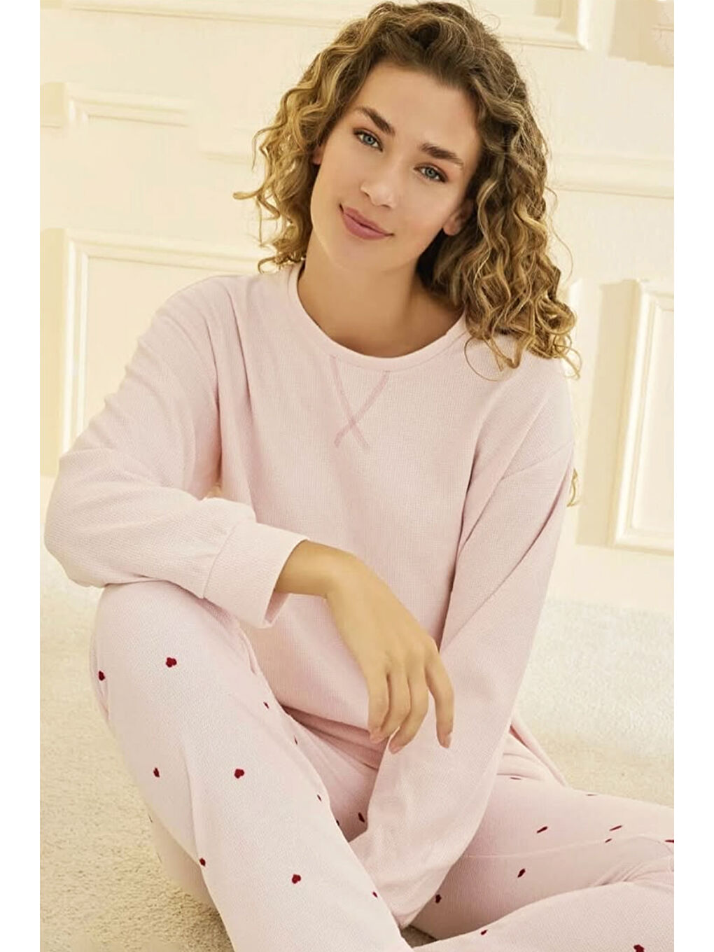 Kadın Waffle Kumaş Kalp Desen Pijama Takımı 70921 Pembe02-3