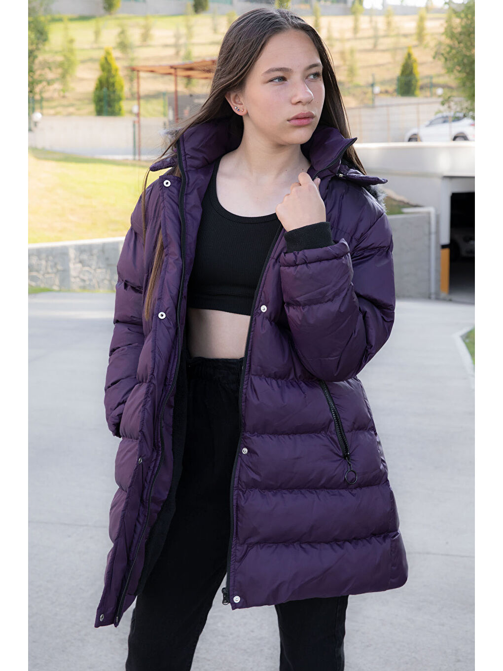 Mor İçi Kürklü Çıtçıtlı Kapüşonlu Kız Çocuk Şişme Mont 21325-2