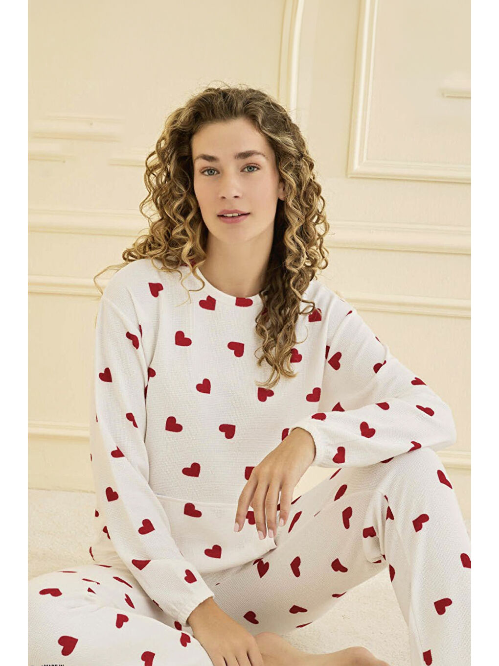 Kadın Waffle Kumaş Kalp Desen Pijama Takımı 70910 Ekru