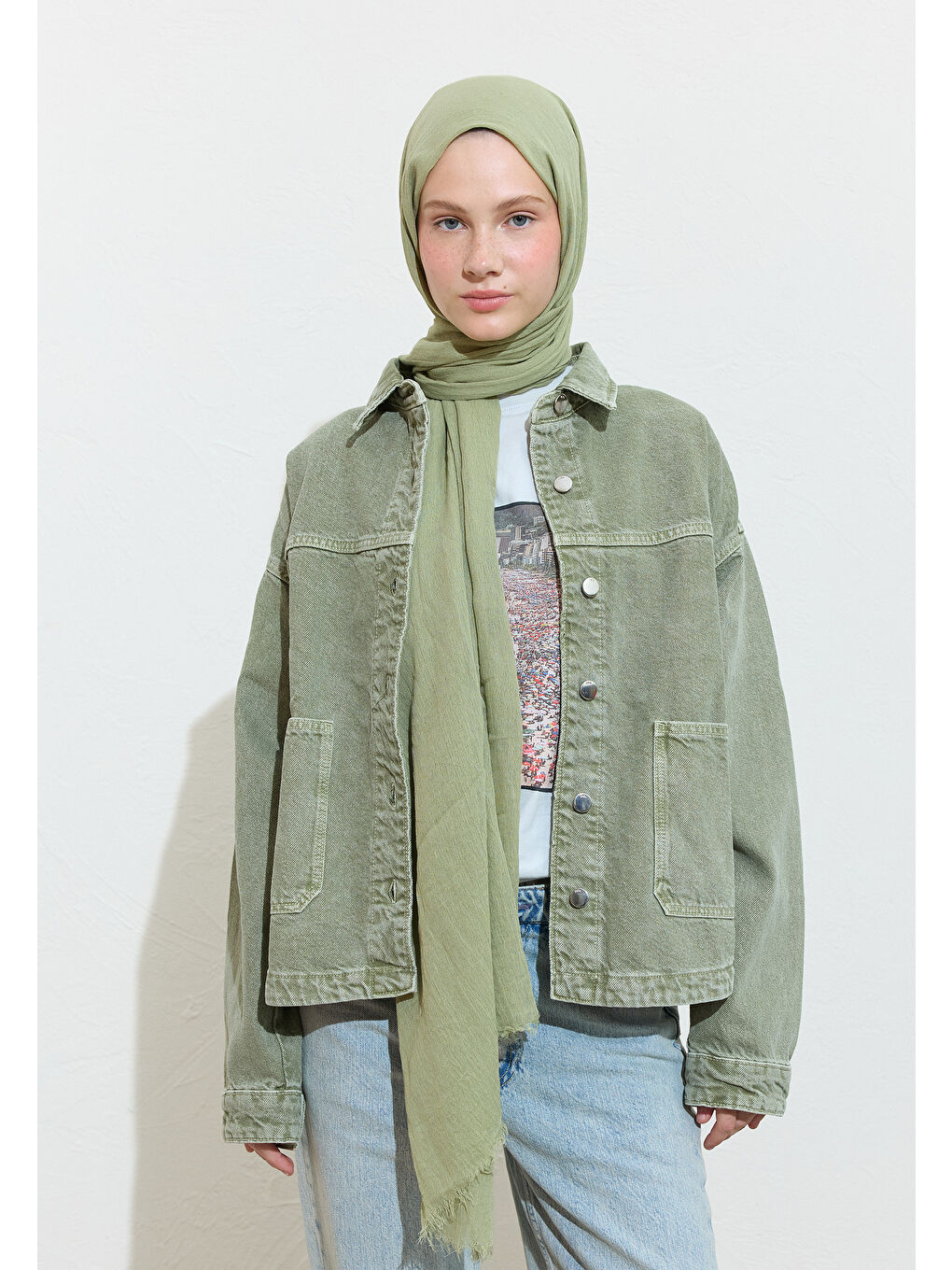 Yeşil Pamuklu Keten Şal Mint Tea