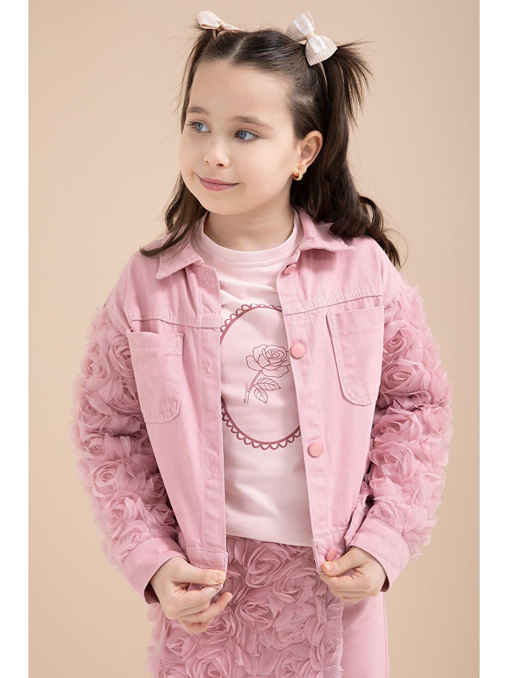 Pembe Gül Kurusu Gül Detaylı Şort Etekli ve Ceketli Kız Çocuk 3lü Badili Takım 23612-2