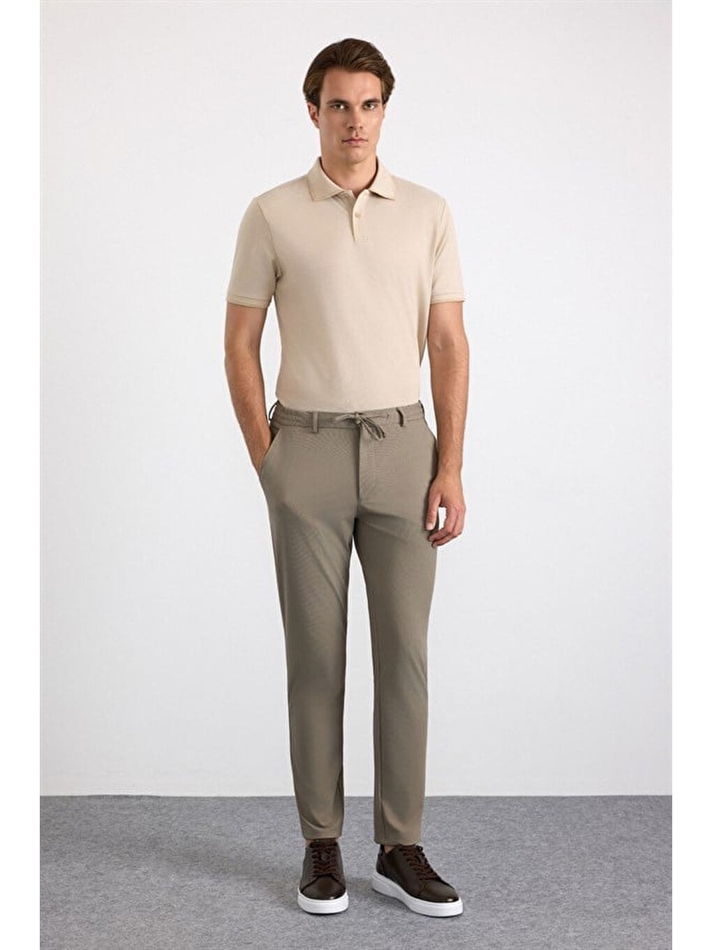 Bej Slim Düz Jogger Pantolon-5