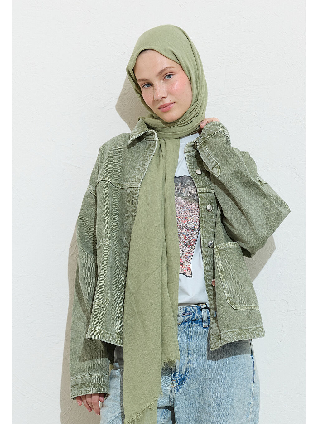 Yeşil Pamuklu Keten Şal Mint Tea-1