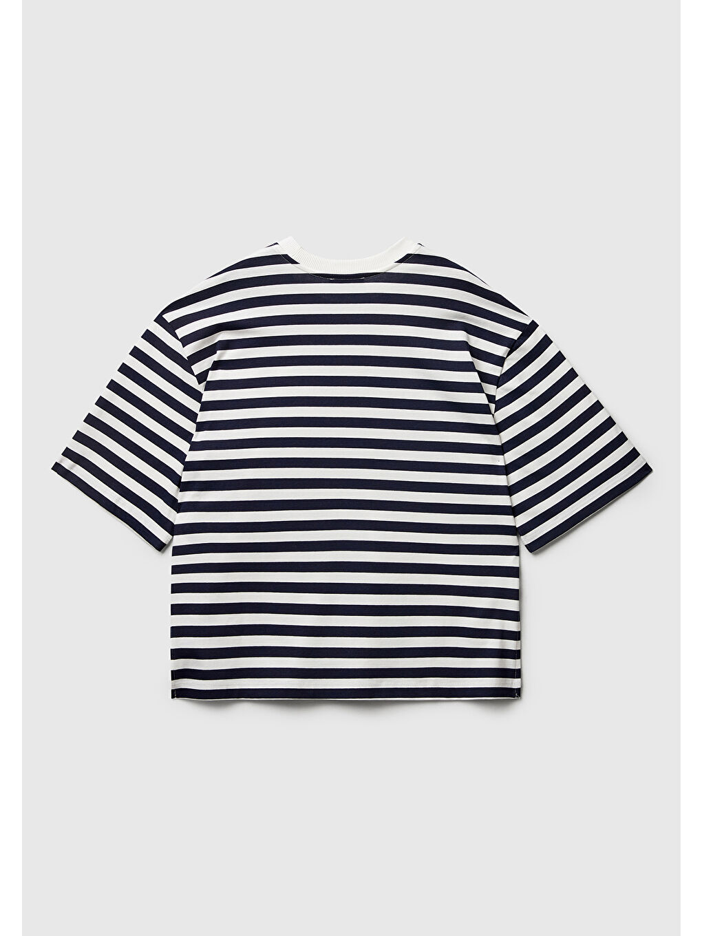 Kadın Lacivert %100 Pamuk Kalın Çizgili Yırtmaçlı Yarım Kol T-Shirt-3