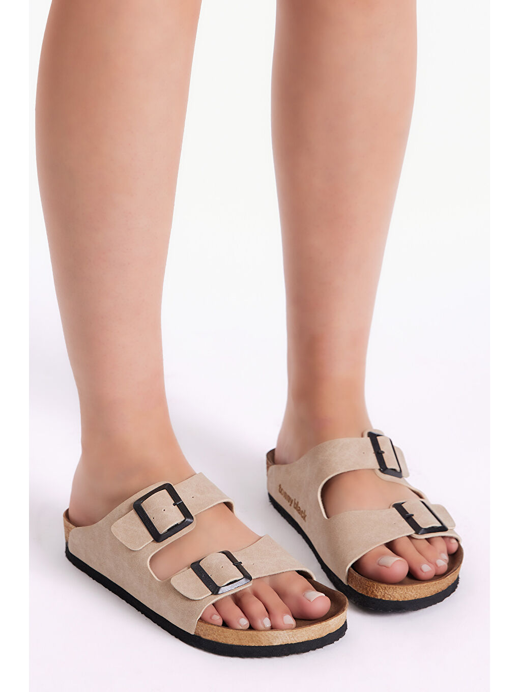 Ekru Unisex Krem Rahat Kalıp Poli Taban Çift Tokalı Nubuk Terlik-1